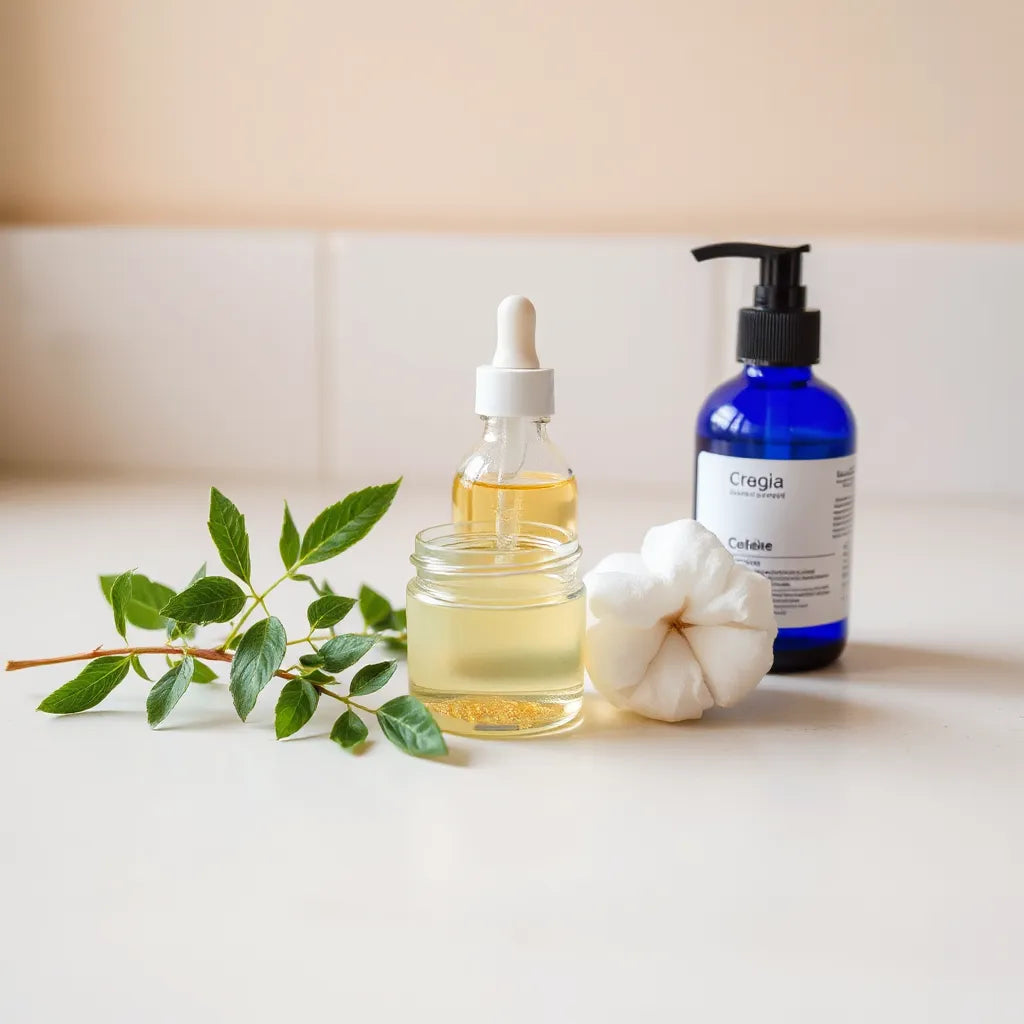 Flacons et pot de soins cosmétiques bio sur un plan de toilette avec feuilles vertes et coton