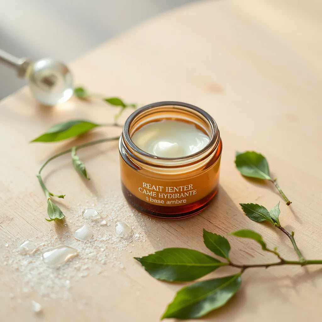 Pot de crème hydratante aux extraits de plantes sur fond clair, avec feuilles vertes et gouttes d’eau