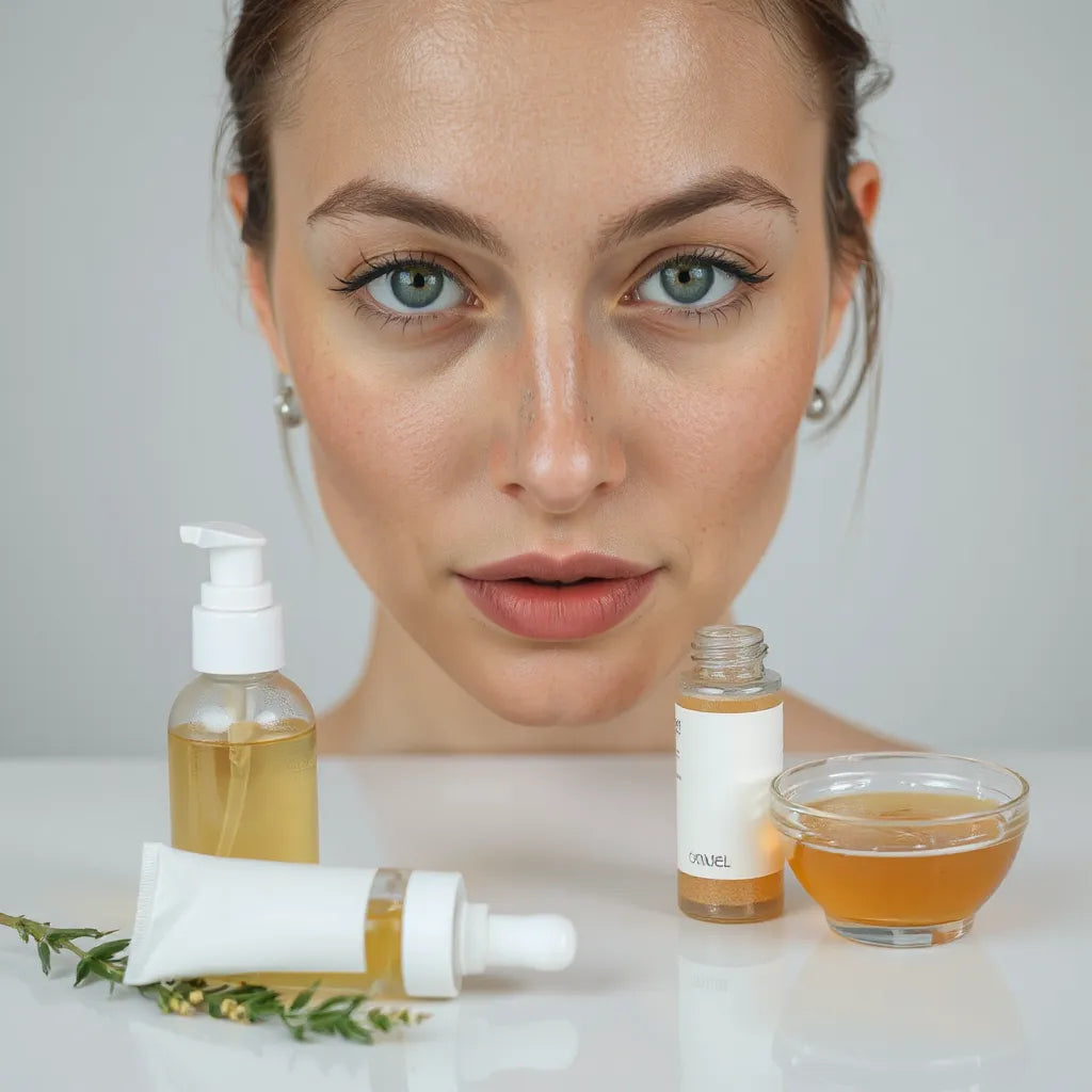 Produits de soin pour peaux à imperfections posés près d’un visage à la peau légèrement marquée