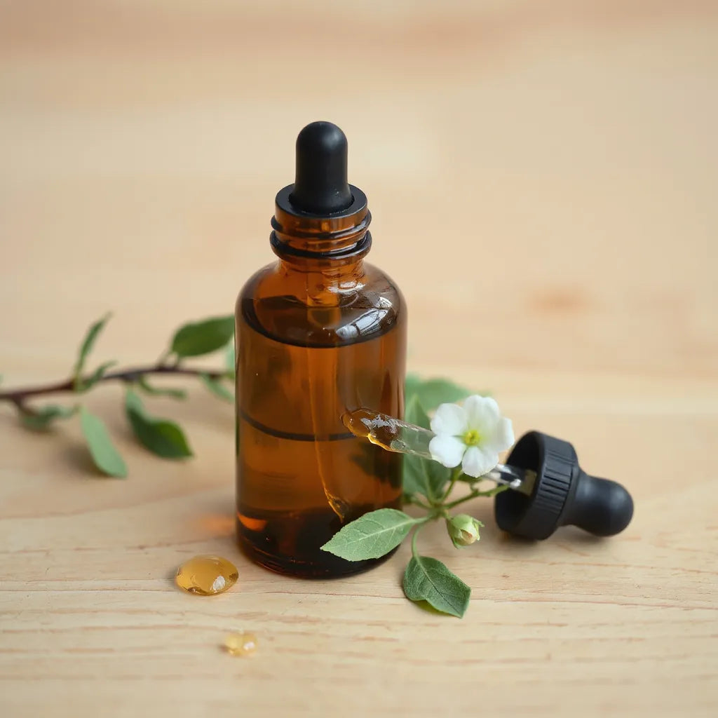 Flacon de sérum en verre ambré avec pipette, gouttes de sérum et feuilles vertes sur fond naturel.
