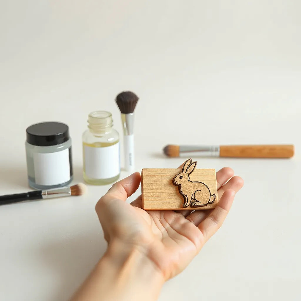 Tubes et pots de soins posés près d’une main, avec un petit symbole de lapin minimal.