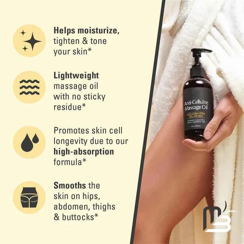 Huile de massage anti-cellulite M3 Naturals 8oz - Lisse l'apparence de la cellulite - Huile de massage pour le soin du corps et de la peau - Collagène topique